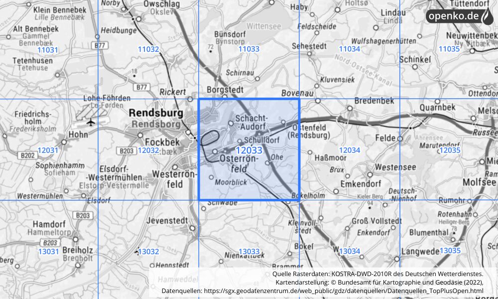 Übersichtskarte KOSTRA-DWD-2010R Rasterfeld Nr. 12033 mit angrenzenden Feldern