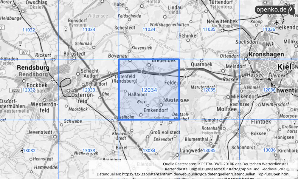 Übersichtskarte KOSTRA-DWD-2010R Rasterfeld Nr. 12034 mit angrenzenden Feldern