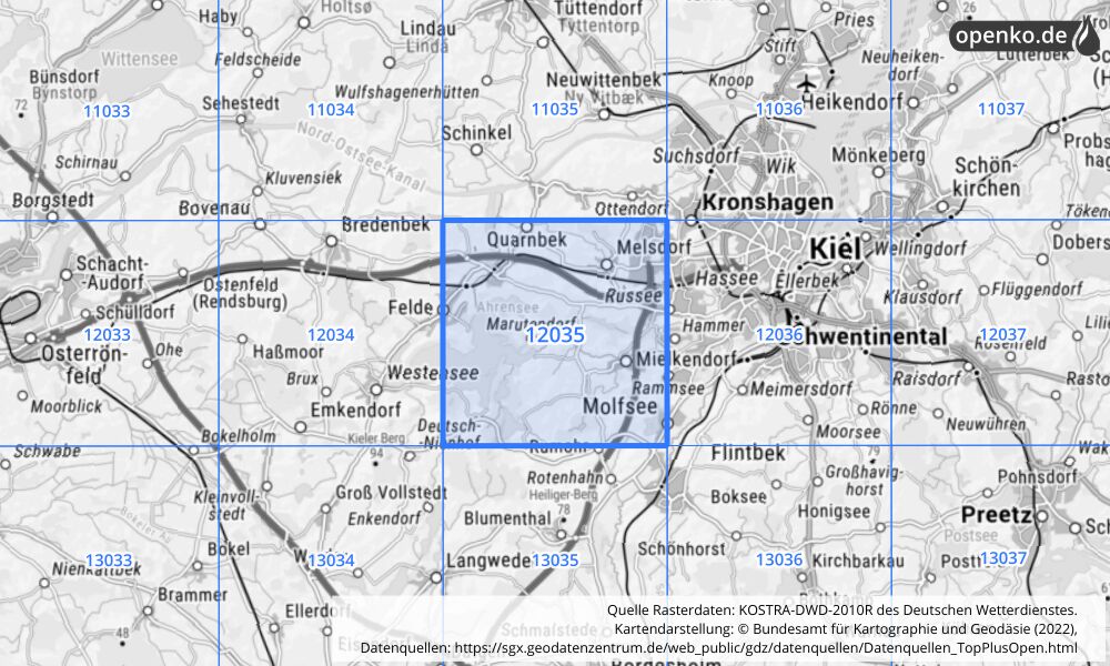 Übersichtskarte KOSTRA-DWD-2010R Rasterfeld Nr. 12035 mit angrenzenden Feldern