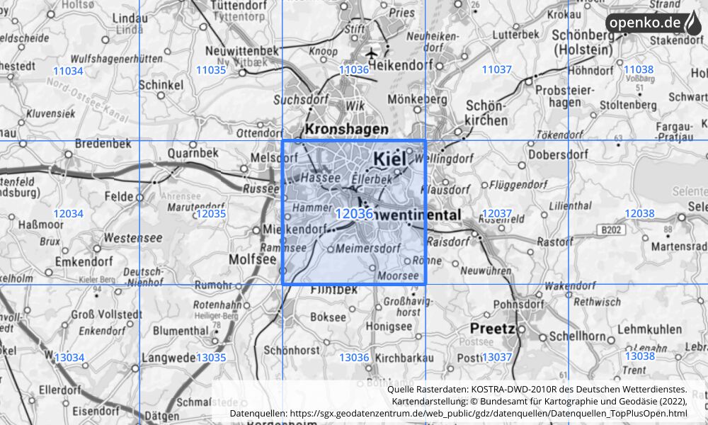 Übersichtskarte KOSTRA-DWD-2010R Rasterfeld Nr. 12036 mit angrenzenden Feldern