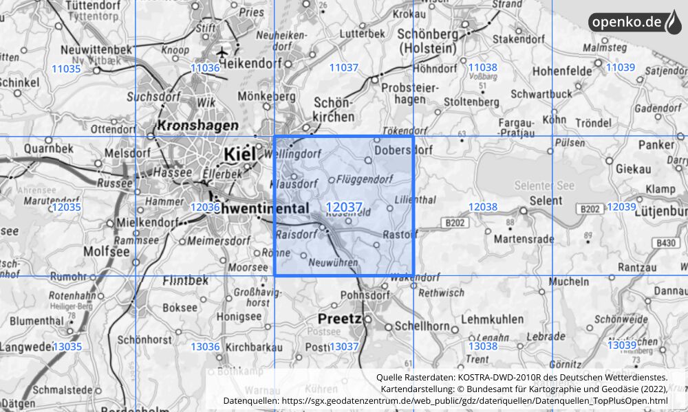 Übersichtskarte KOSTRA-DWD-2010R Rasterfeld Nr. 12037 mit angrenzenden Feldern