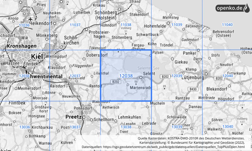 Übersichtskarte KOSTRA-DWD-2010R Rasterfeld Nr. 12038 mit angrenzenden Feldern