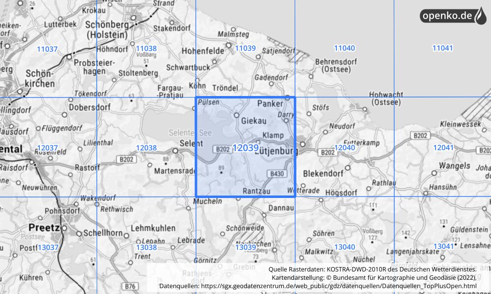 Übersichtskarte KOSTRA-DWD-2010R Rasterfeld Nr. 12039 mit angrenzenden Feldern