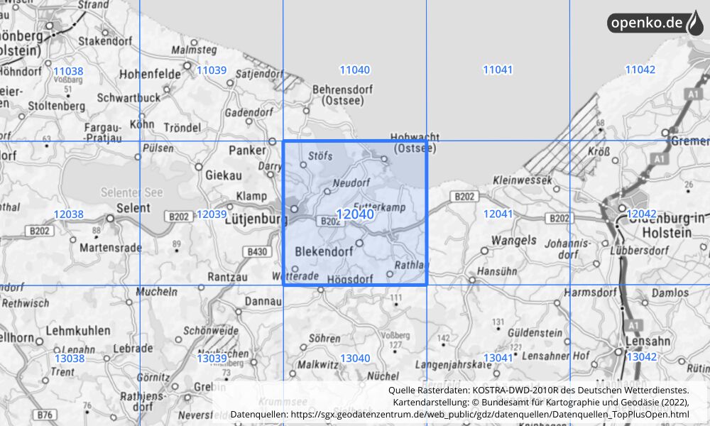 Übersichtskarte KOSTRA-DWD-2010R Rasterfeld Nr. 12040 mit angrenzenden Feldern