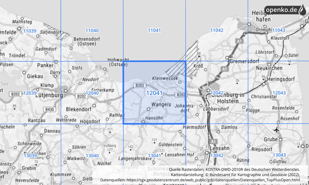 Übersichtskarte KOSTRA-DWD-2010R Rasterfeld Nr. 12041 mit angrenzenden Feldern