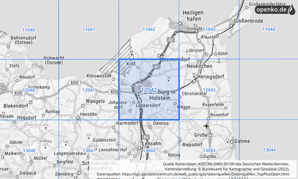 Übersichtskarte KOSTRA-DWD-2010R Rasterfeld Nr. 12042 mit angrenzenden Feldern