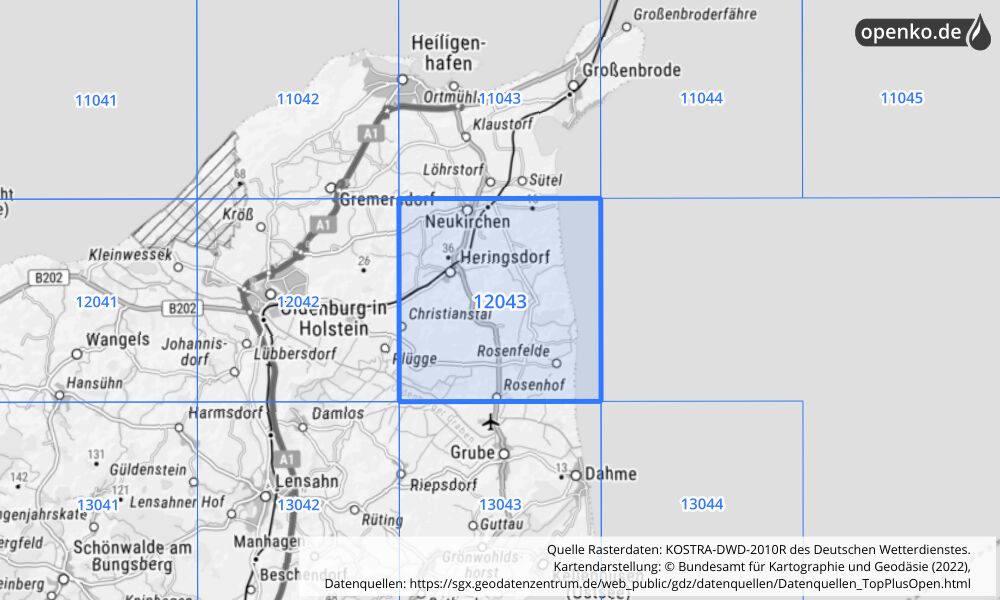 Übersichtskarte KOSTRA-DWD-2010R Rasterfeld Nr. 12043 mit angrenzenden Feldern