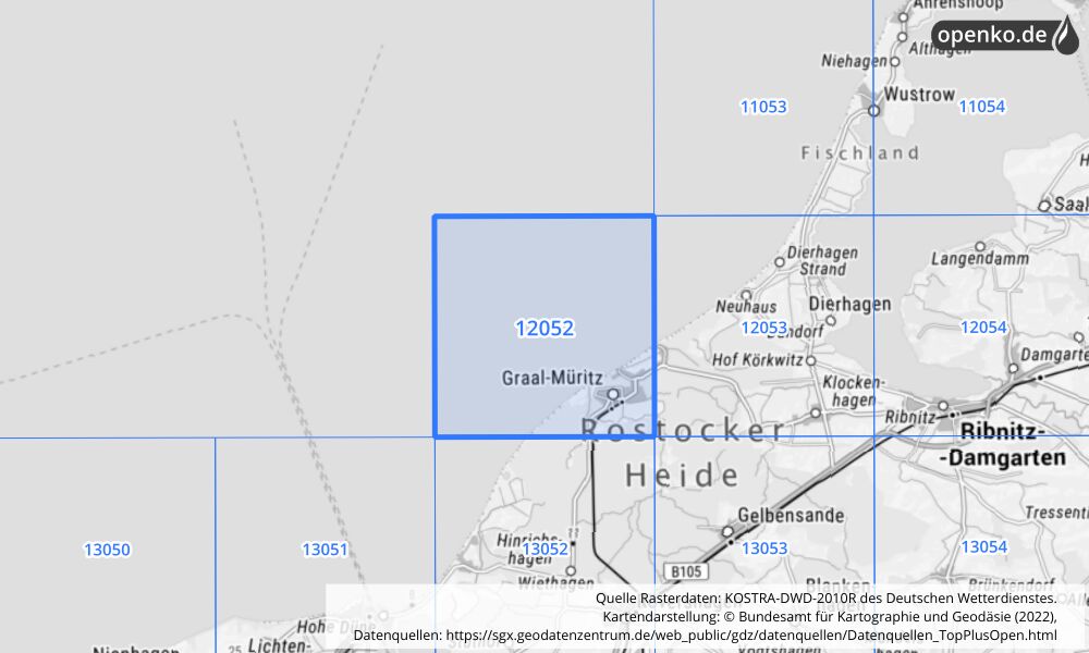 Übersichtskarte KOSTRA-DWD-2010R Rasterfeld Nr. 12052 mit angrenzenden Feldern