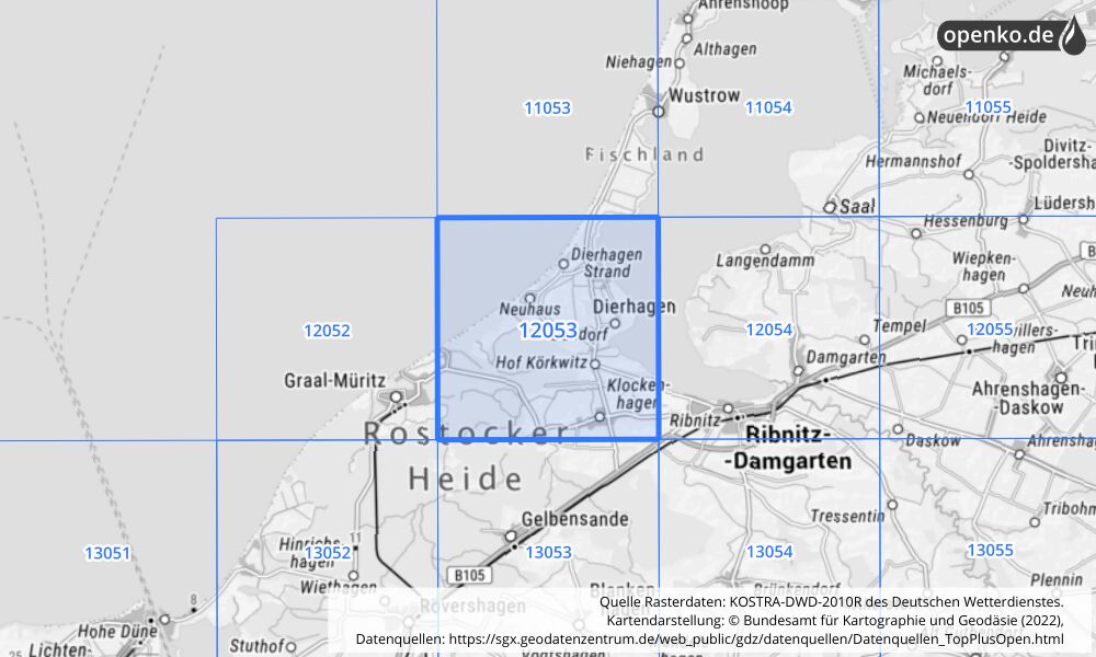 Übersichtskarte KOSTRA-DWD-2010R Rasterfeld Nr. 12053 mit angrenzenden Feldern