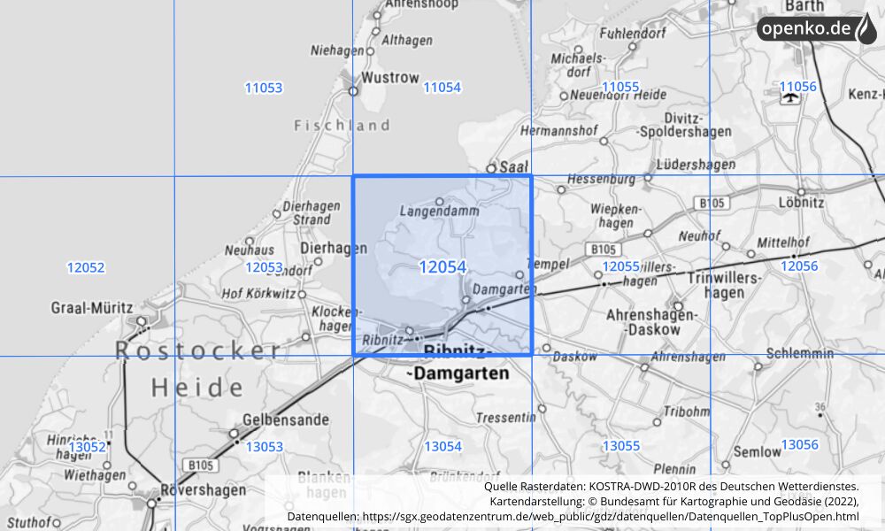 Übersichtskarte KOSTRA-DWD-2010R Rasterfeld Nr. 12054 mit angrenzenden Feldern