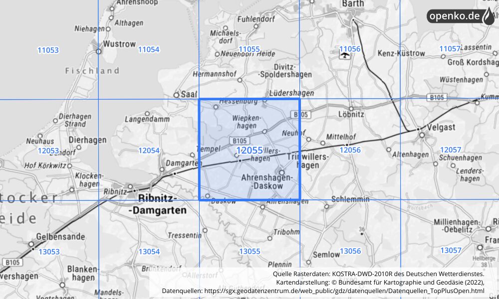 Übersichtskarte KOSTRA-DWD-2010R Rasterfeld Nr. 12055 mit angrenzenden Feldern