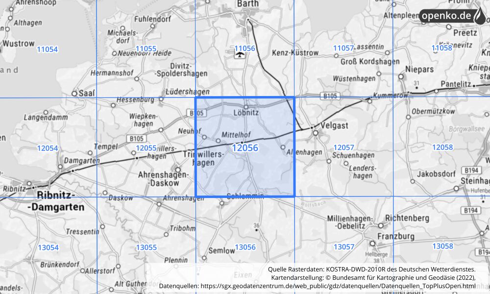 Übersichtskarte KOSTRA-DWD-2010R Rasterfeld Nr. 12056 mit angrenzenden Feldern