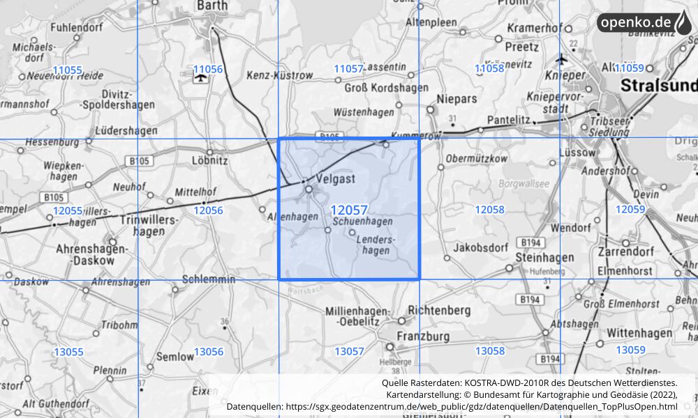 Übersichtskarte KOSTRA-DWD-2010R Rasterfeld Nr. 12057 mit angrenzenden Feldern