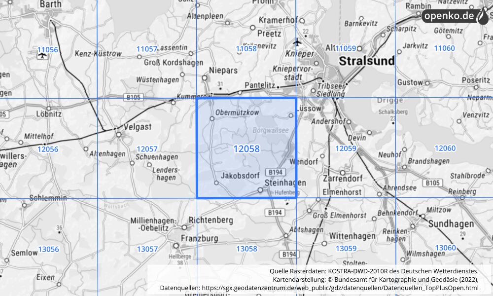 Übersichtskarte KOSTRA-DWD-2010R Rasterfeld Nr. 12058 mit angrenzenden Feldern