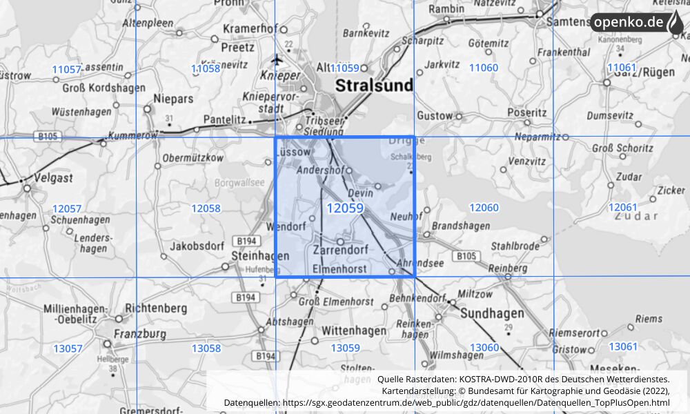 Übersichtskarte KOSTRA-DWD-2010R Rasterfeld Nr. 12059 mit angrenzenden Feldern