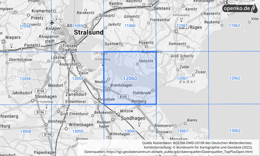 Übersichtskarte KOSTRA-DWD-2010R Rasterfeld Nr. 12060 mit angrenzenden Feldern