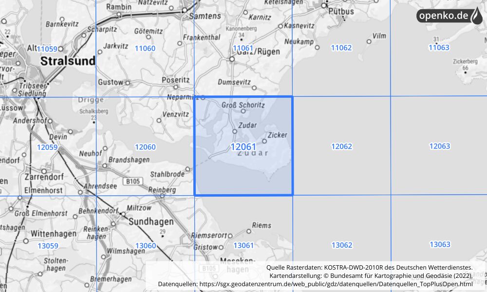 Übersichtskarte KOSTRA-DWD-2010R Rasterfeld Nr. 12061 mit angrenzenden Feldern