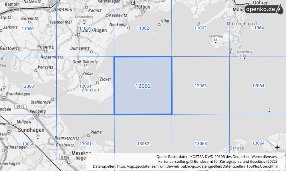 Übersichtskarte KOSTRA-DWD-2010R Rasterfeld Nr. 12062 mit angrenzenden Feldern