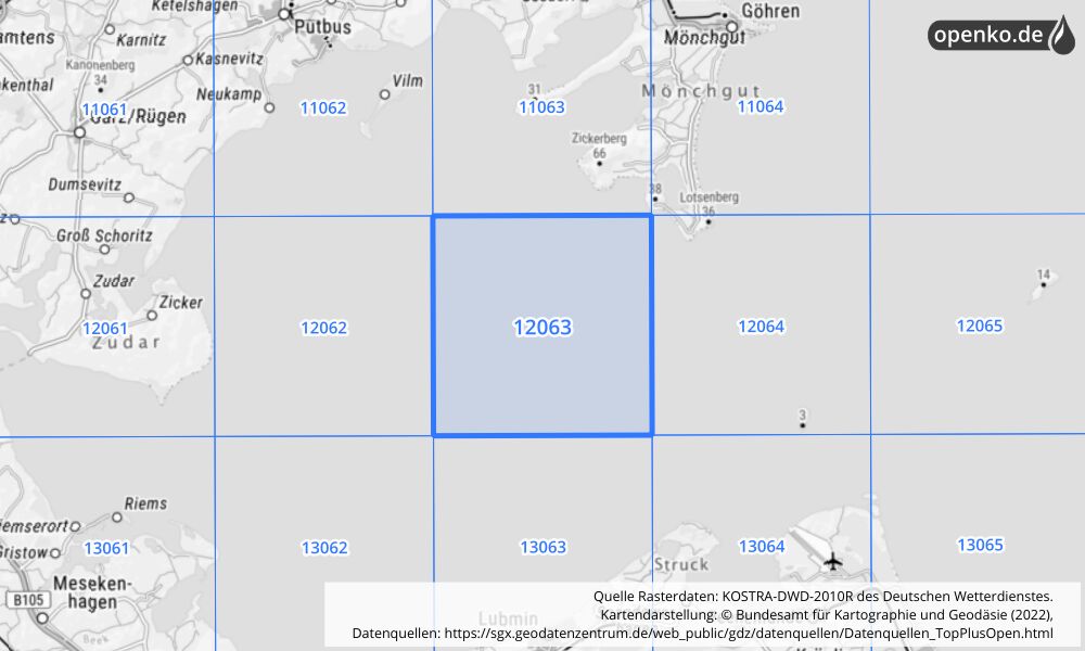 Übersichtskarte KOSTRA-DWD-2010R Rasterfeld Nr. 12063 mit angrenzenden Feldern