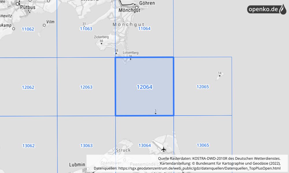 Übersichtskarte KOSTRA-DWD-2010R Rasterfeld Nr. 12064 mit angrenzenden Feldern