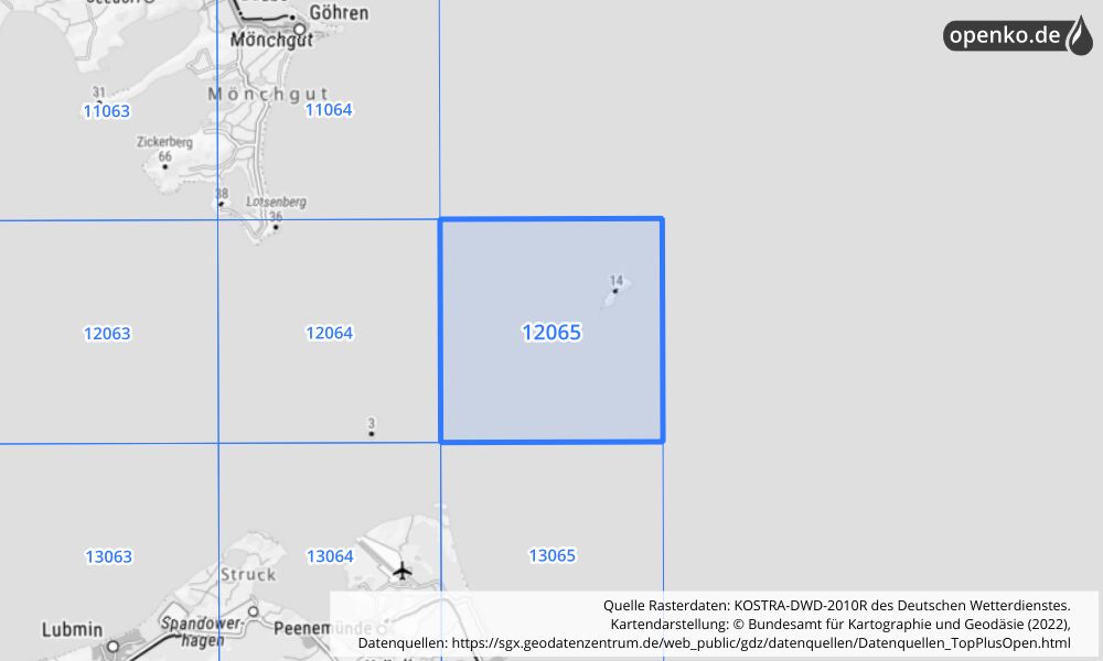 Übersichtskarte KOSTRA-DWD-2010R Rasterfeld Nr. 12065 mit angrenzenden Feldern