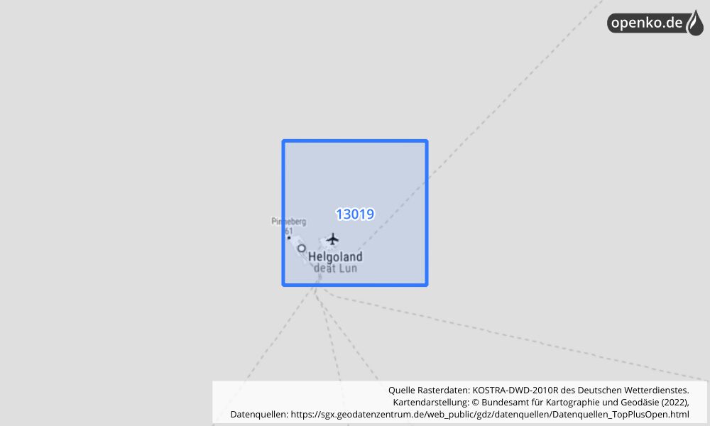 Übersichtskarte KOSTRA-DWD-2010R Rasterfeld Nr. 13019 mit angrenzenden Feldern