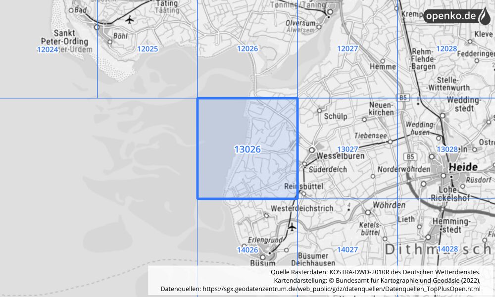 Übersichtskarte KOSTRA-DWD-2010R Rasterfeld Nr. 13026 mit angrenzenden Feldern