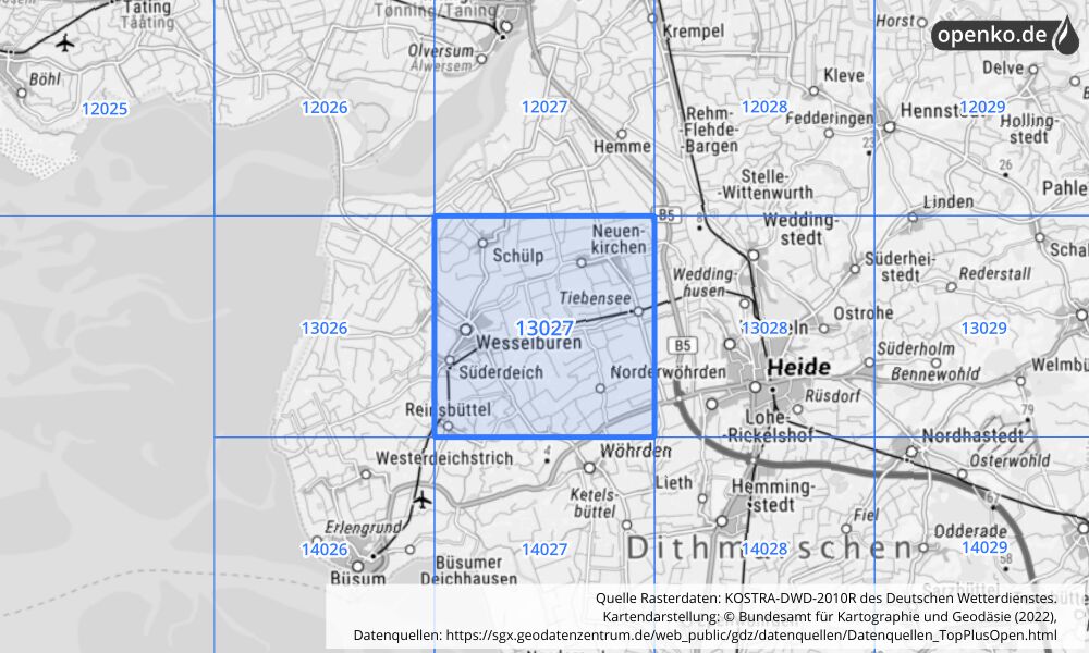 Übersichtskarte KOSTRA-DWD-2010R Rasterfeld Nr. 13027 mit angrenzenden Feldern