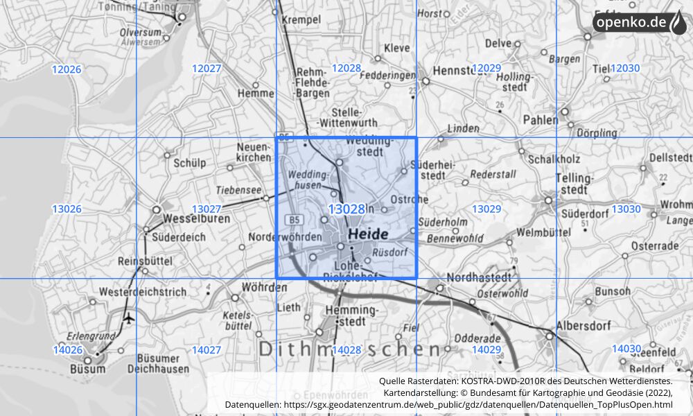 Übersichtskarte KOSTRA-DWD-2010R Rasterfeld Nr. 13028 mit angrenzenden Feldern