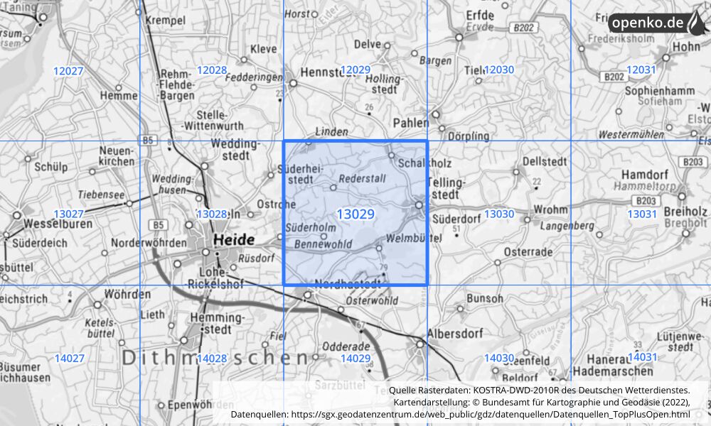 Übersichtskarte KOSTRA-DWD-2010R Rasterfeld Nr. 13029 mit angrenzenden Feldern