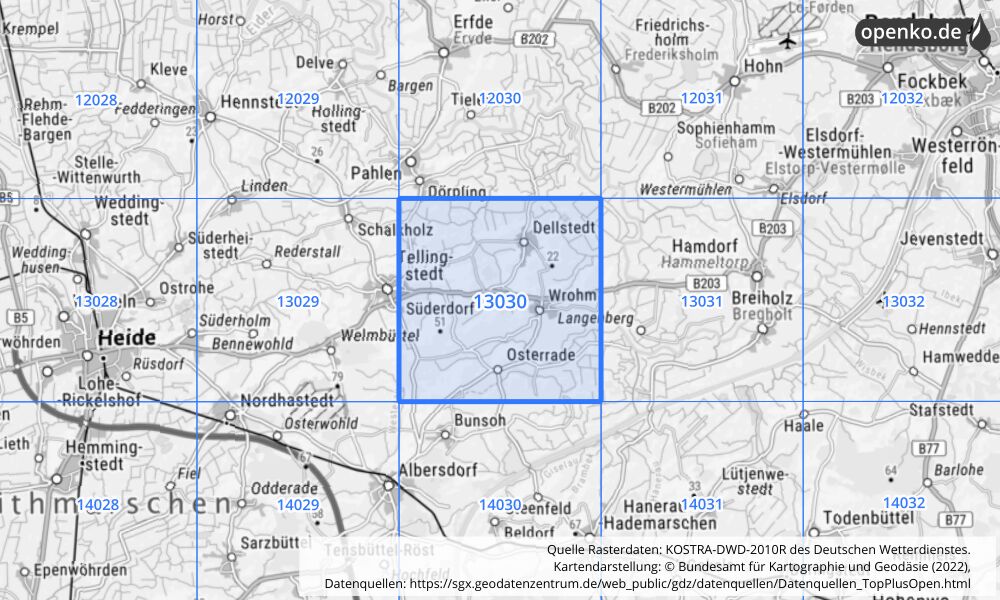 Übersichtskarte KOSTRA-DWD-2010R Rasterfeld Nr. 13030 mit angrenzenden Feldern