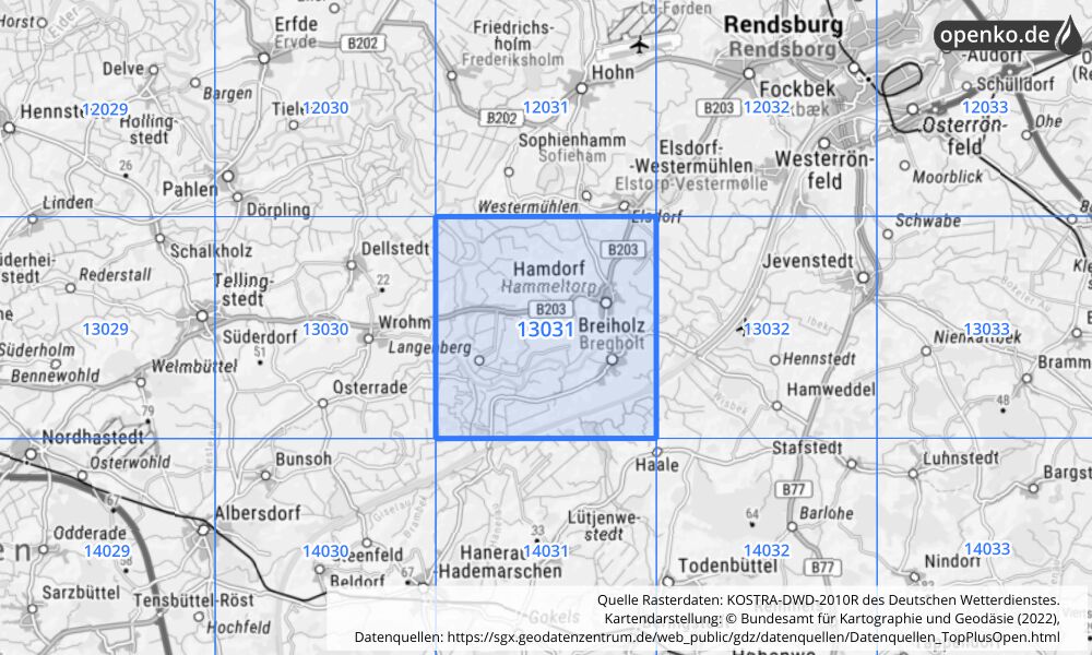 Übersichtskarte KOSTRA-DWD-2010R Rasterfeld Nr. 13031 mit angrenzenden Feldern