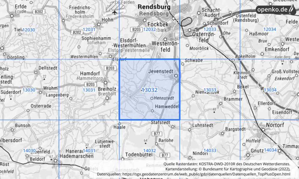 Übersichtskarte KOSTRA-DWD-2010R Rasterfeld Nr. 13032 mit angrenzenden Feldern