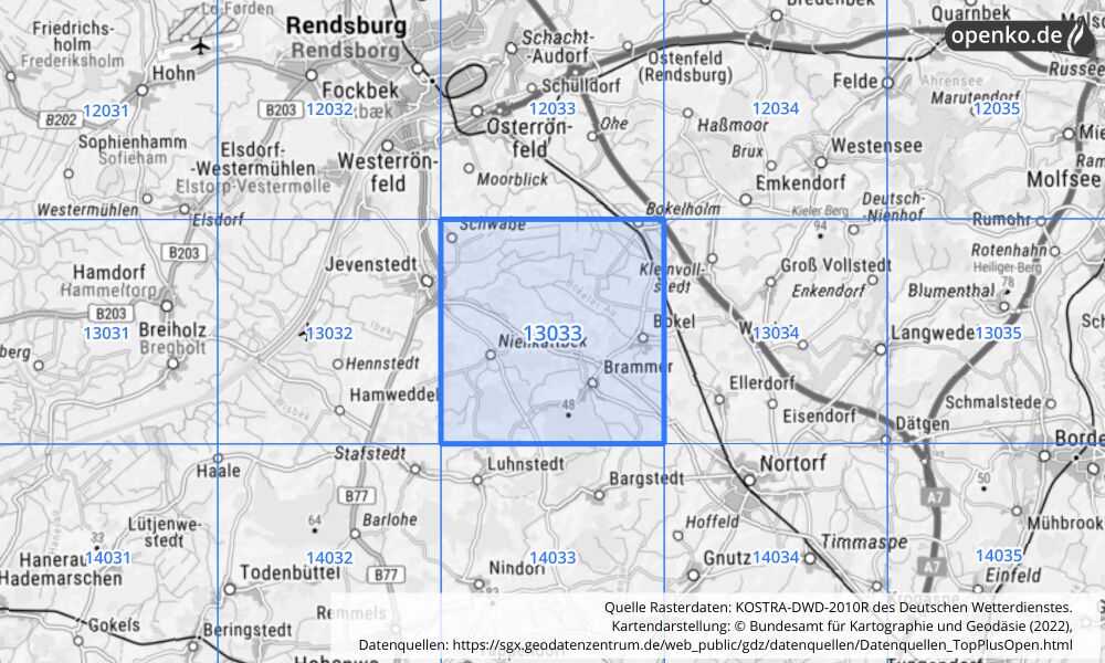 Übersichtskarte KOSTRA-DWD-2010R Rasterfeld Nr. 13033 mit angrenzenden Feldern