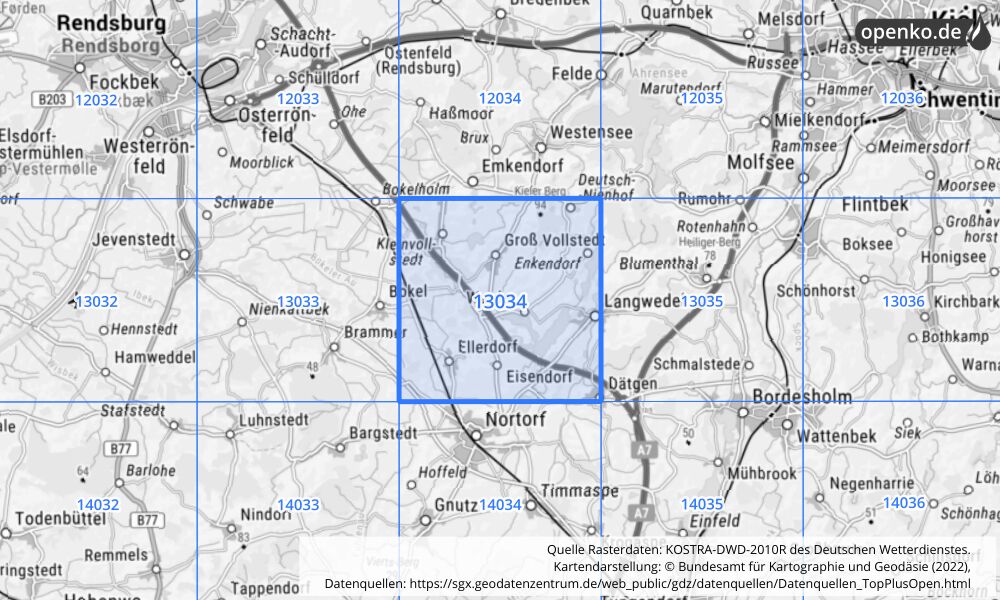 Übersichtskarte KOSTRA-DWD-2010R Rasterfeld Nr. 13034 mit angrenzenden Feldern