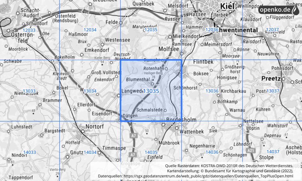 Übersichtskarte KOSTRA-DWD-2010R Rasterfeld Nr. 13035 mit angrenzenden Feldern