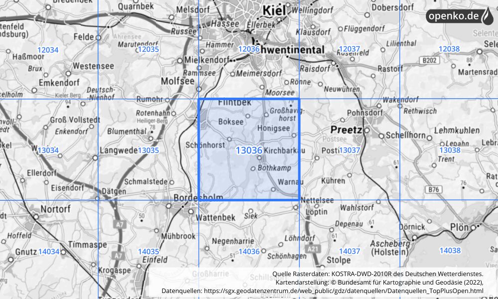 Übersichtskarte KOSTRA-DWD-2010R Rasterfeld Nr. 13036 mit angrenzenden Feldern