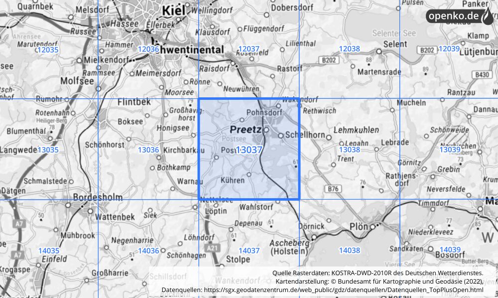 Übersichtskarte KOSTRA-DWD-2010R Rasterfeld Nr. 13037 mit angrenzenden Feldern