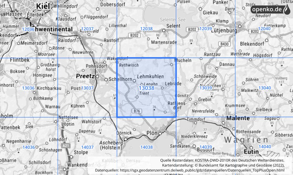 Übersichtskarte KOSTRA-DWD-2010R Rasterfeld Nr. 13038 mit angrenzenden Feldern