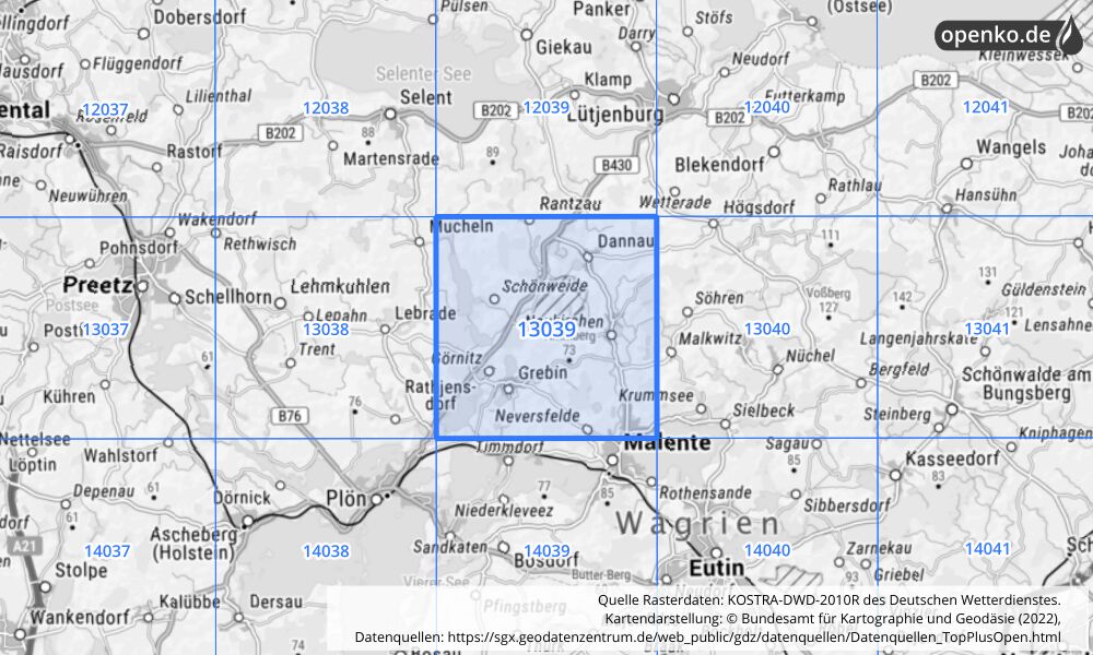 Übersichtskarte KOSTRA-DWD-2010R Rasterfeld Nr. 13039 mit angrenzenden Feldern