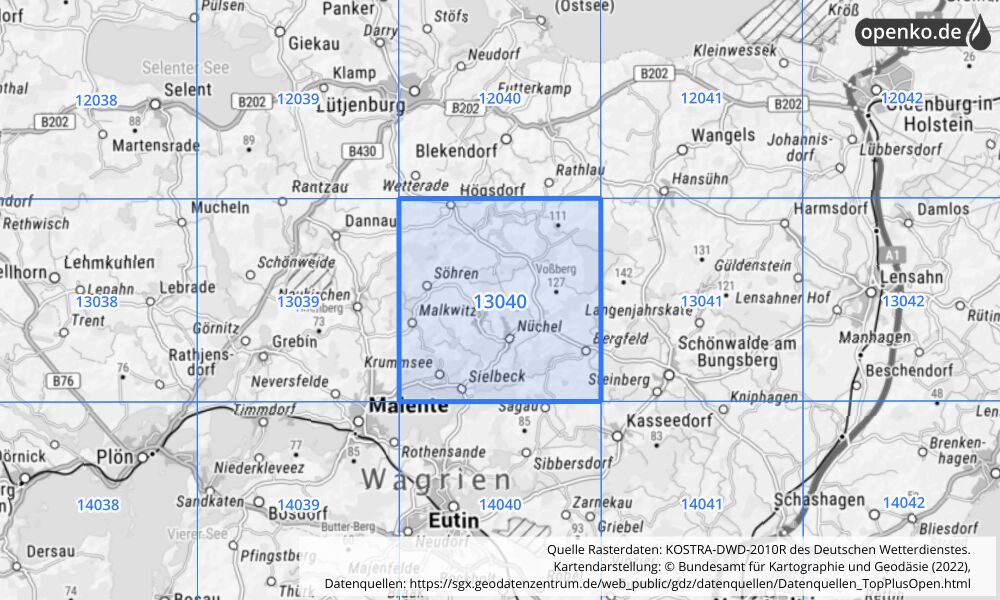 Übersichtskarte KOSTRA-DWD-2010R Rasterfeld Nr. 13040 mit angrenzenden Feldern