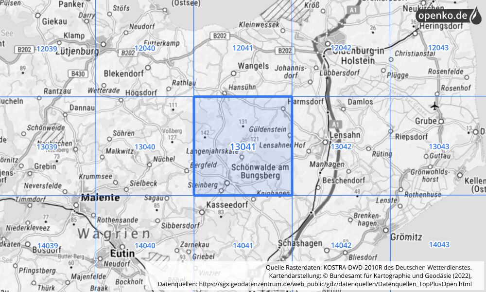 Übersichtskarte KOSTRA-DWD-2010R Rasterfeld Nr. 13041 mit angrenzenden Feldern