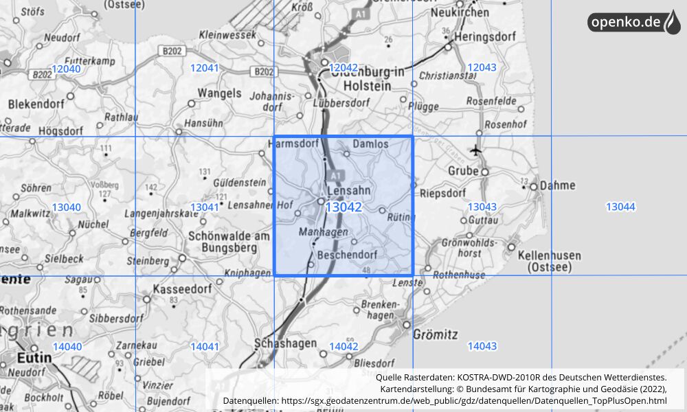 Übersichtskarte KOSTRA-DWD-2010R Rasterfeld Nr. 13042 mit angrenzenden Feldern