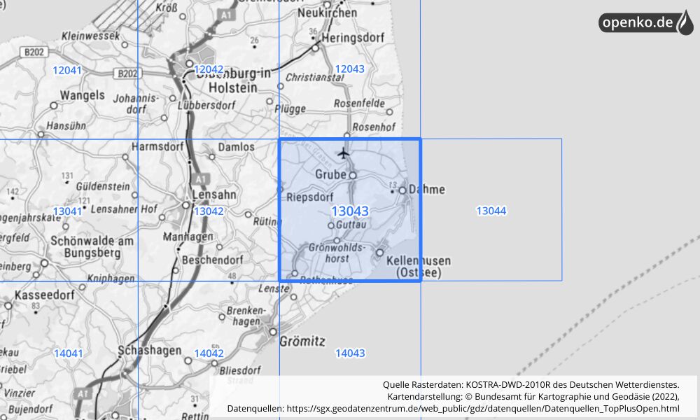 Übersichtskarte KOSTRA-DWD-2010R Rasterfeld Nr. 13043 mit angrenzenden Feldern