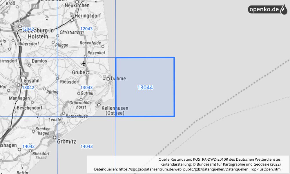 Übersichtskarte KOSTRA-DWD-2010R Rasterfeld Nr. 13044 mit angrenzenden Feldern