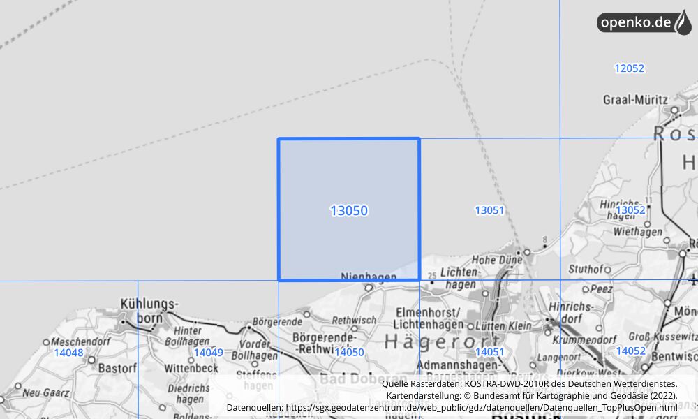 Übersichtskarte KOSTRA-DWD-2010R Rasterfeld Nr. 13050 mit angrenzenden Feldern