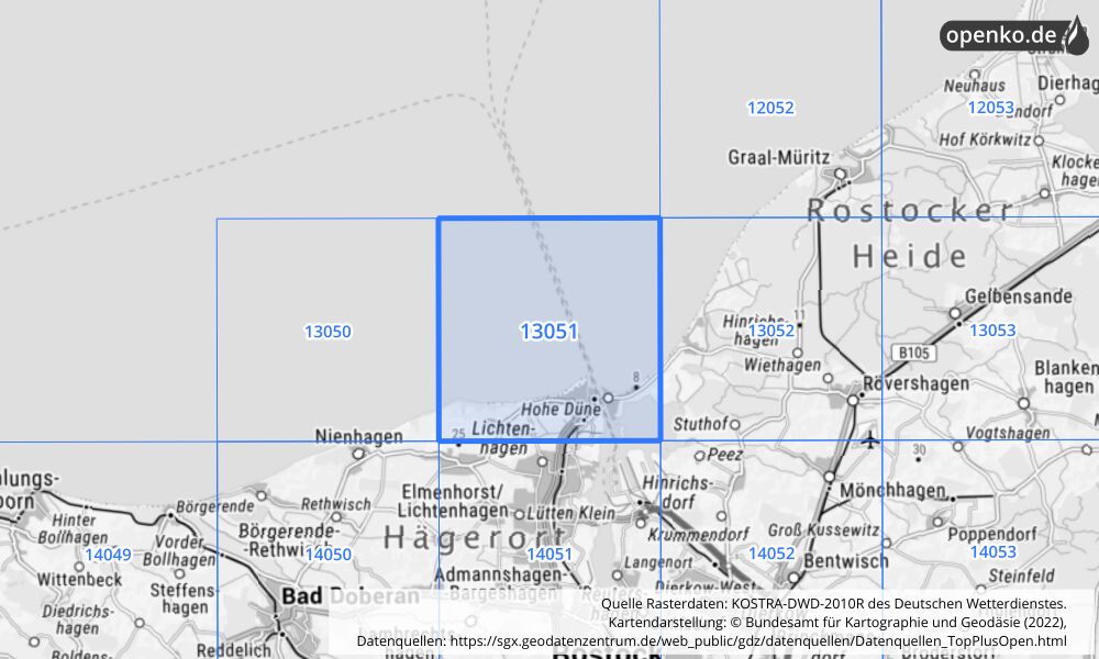 Übersichtskarte KOSTRA-DWD-2010R Rasterfeld Nr. 13051 mit angrenzenden Feldern