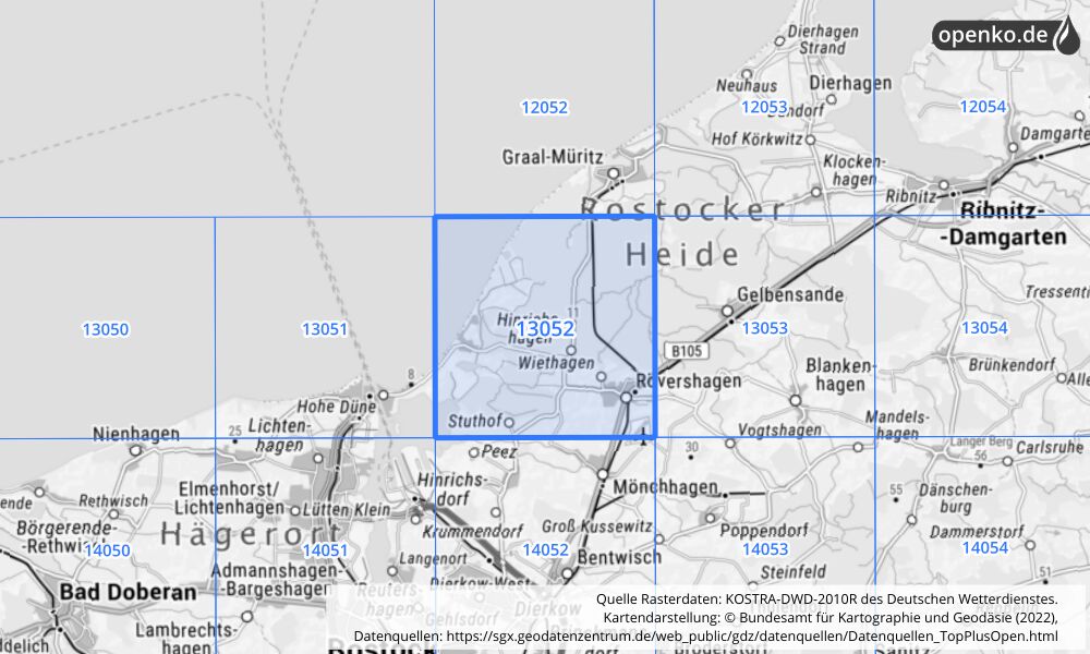 Übersichtskarte KOSTRA-DWD-2010R Rasterfeld Nr. 13052 mit angrenzenden Feldern