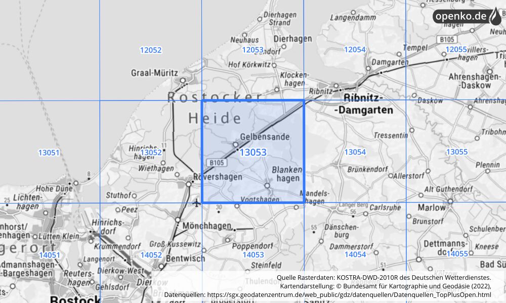 Übersichtskarte KOSTRA-DWD-2010R Rasterfeld Nr. 13053 mit angrenzenden Feldern