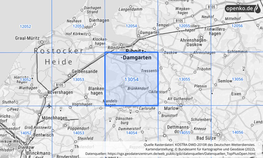 Übersichtskarte KOSTRA-DWD-2010R Rasterfeld Nr. 13054 mit angrenzenden Feldern